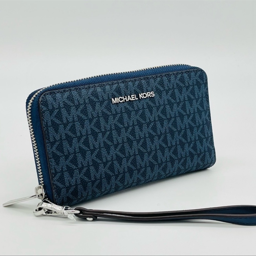 Michael Kors Large Flat Mf Phone Case Wallet Leather Blue - Picture 2 of 7